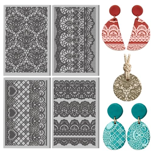 4 Pcs Vintage and Elegant Lace Pattern Polymer Clay Texture Sheet Rubber Clay Texture Mat for Polymer Clays Making Earrings Jewelry DIY Crafts, 4 × 2.5 Inch - color: Elegant Lace