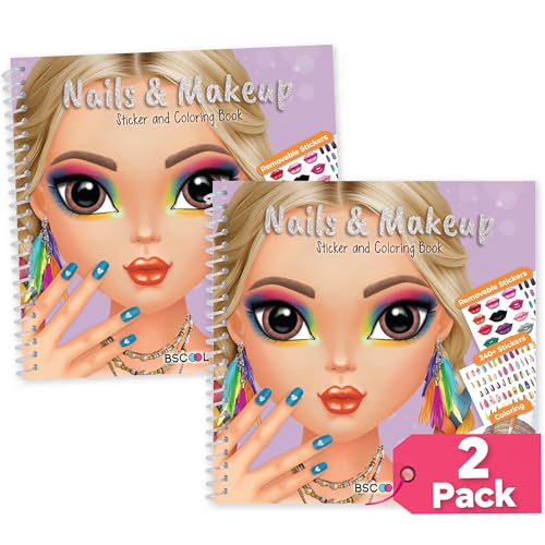 BSCOOL Nails & Makeup Sticker and Coloring Book for Girls Ages 4+ – 2 Pack – 240+ Removable Stickers – Nail Design & Makeup Activity Book – Creative Birthday Gift for Kids - color: 2 PCS Nails and Make Up