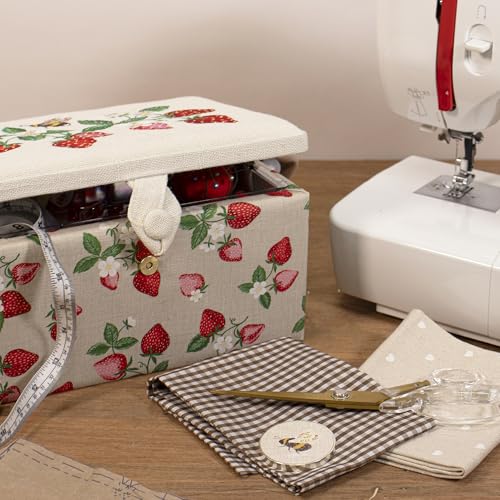 Hobby Gift Medium Sewing Box Organiser, Fabric Covered Storage Box with Handle, Internal Tray, Pin Cushion and Pocket for Sewing, Quilting and Knitting Supplies - color: Strawberries