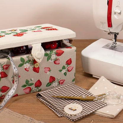 Hobby Gift Medium Sewing Box Organiser, Fabric Covered Storage Box with Handle, Internal Tray, Pin Cushion and Pocket for Sewing, Quilting and Knitting Supplies - color: Strawberries