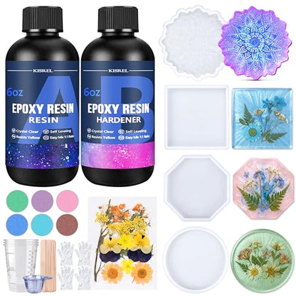 KISREL Epoxy Resin Kit for Beginners, 12OZ Resin Kit with Silicone Coaster Molds, Complete Accessories Include Mica Powders, Dried Flowers, Measuring Cups and Other Resin Supplies for DIY - size: 12oz kit