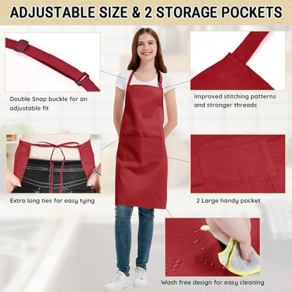 Chef Apron for Men and Women Wash Free Bib Apron with 2 Pockets Water & Oil Proof Adjustable Aprons - color: Red