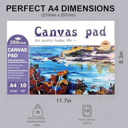 A4 Canvas Paper Pad for Acrylic Painting, 280GSM Heavyweight Canvas Notebook 10 Sheets, Acrylic Paper Painting Book for Oil Paint, Gouache and Mixed Media, Bound Canvas Pad for Artists and Beginners