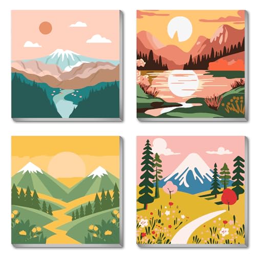 FQOVKYN 4 Packs Paint by Numbers Kit for Adults with Frame, DIY Landscape Adult's Paint by Number on Canvas, Mountain Oil Painting Kits for Home Wall Decor 8x8 Inch - color: DKMT0392-DKMT0393-DKMT0394-DKMT0395-US