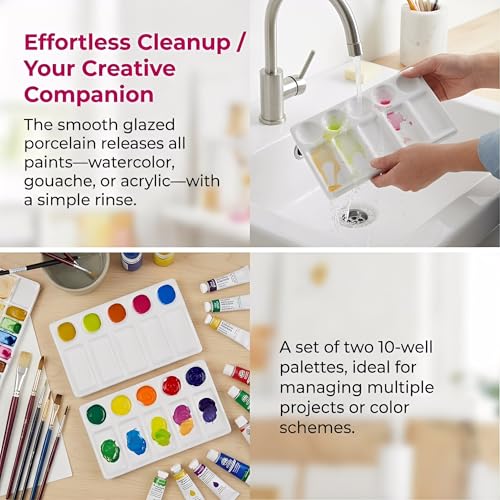 Jucoan 2 Pack 10-Well Ceramic Watercolor Paint Palette, 7-1/2 x 4-1/4 Inch Rectangle Porcelain Artist Paint Palette Mixing Tray for Watercolor, Gouache, Acrylic