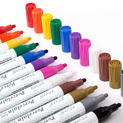 ZEYAR Acrylic Paint Pens for Porcelain, Professional Ceramic painting, 12 colors Water-based, Medium Point, Water and Fade Resistant, DIY on Mugs and other Ceramics for Permanent Collection