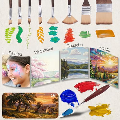 26pcs Paint Brush Set, Includes Flat, Filbert, Fan, Dagger, Cat Tongue, Round, Angle, Rigger & Palette Knife, Travel Paint Brushes for Acrylic Painting, Watercolor, Oil, Canvas, Face Painting
