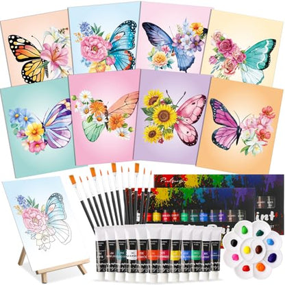 Cholemy 36 Pcs Paint and Sip Kit for Adults 8''x10'' Pre Drawn Canvas for Painting DIY Afro Acrylic Painting Kit Wood Easel Brushes Date Night Bulk for Summer 4th of July Party Gift(Butterfly) - style: Butterfly