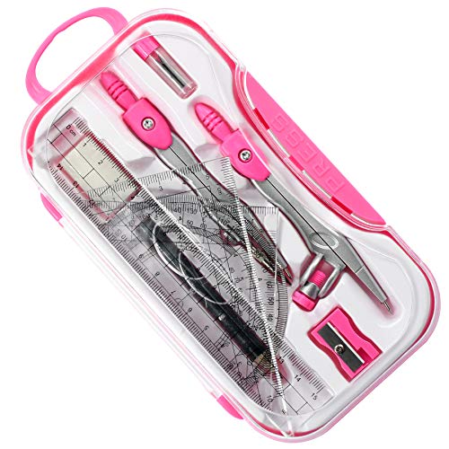 Unjoo Math Geometry Kit Sets 10 Piece Student Supplies with Shatterproof Storage Box,Includes Rulers,Protractor,Compass,Eraser,Pencil Sharpener,Lead Refills,Pencil,for Drafting and Drawings（Pink） - color: Red