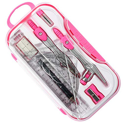 Unjoo Math Geometry Kit Sets 10 Piece Student Supplies with Shatterproof Storage Box,Includes Rulers,Protractor,Compass,Eraser,Pencil Sharpener,Lead Refills,Pencil,for Drafting and Drawings（Pink） - color: Red