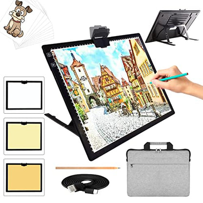 A3 LED Light Pad with Carry Bag, TOHETO Wireless Rechargeable Light Board with Stand and Top Magnetic Clip 3 Colors Stepless Dimmable 6 Levels Brightness Light Box for Diamond Painting Weeding Vinyl - style: A3 with Bag (Black)