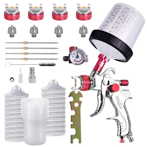 HVLP Spray Gun Kit with 4 Nozzles, 20 Disposable Cups & Regulator - color: Red