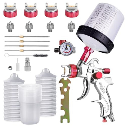 HVLP Spray Gun Kit with 4 Nozzles, 20 Disposable Cups & Regulator - color: Red