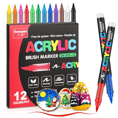 JRQ 12 Colors Acrylic Paint Markers Set, Brush Tip Pens with Waterproof Long-Lasting Ink for Rock, Canvas, Fabric, Wood, Paper, Glass, Stone, Coloring Book & DIY Crafts, Back to School Gift Set - color: 12 Multicolor, size: 1 Count (Pack of 12)