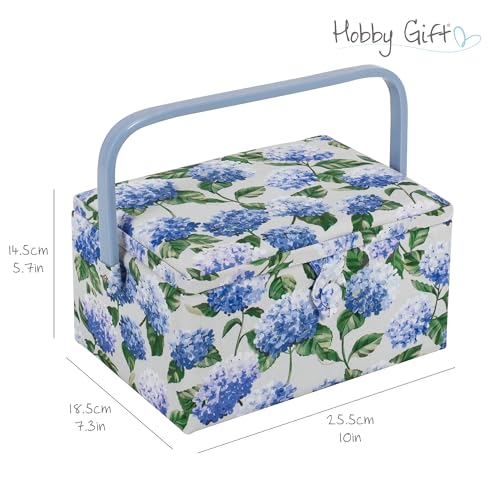 Hobby Gift Medium Sewing Box Organiser, Fabric Covered Storage Box with Handle, Internal Tray, Pin Cushion and Pocket for Sewing, Quilting and Knitting Supplies - color: Hydrangea