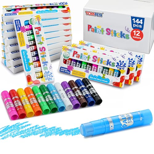 Tempera Paint Sticks for Kids & Artists,144 Pack 12 Vibrant Color,Non-Toxic,Quick Drying,Classic Rainbow Colors,Washable Solid Paint Crayons,Ideal for School Classroom Art Projects & DIY Crafts