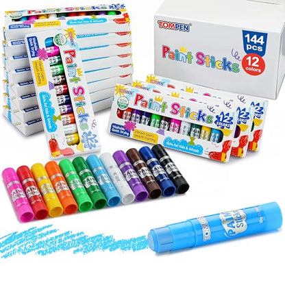 Tempera Paint Sticks for Kids & Artists,144 Pack 12 Vibrant Color,Non-Toxic,Quick Drying,Classic Rainbow Colors,Washable Solid Paint Crayons,Ideal for School Classroom Art Projects & DIY Crafts