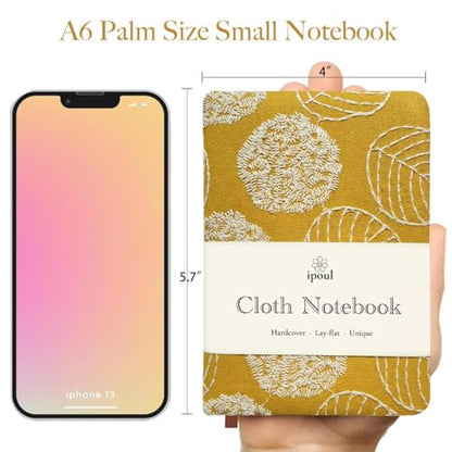 A6 Notebook, Pocket Journal, Embroidered Journal for Girl, Small Fabric Notebook, Lay Flat Hardcover Journal, 4x6 Lined Notebook & Sketchbook, Cute Diary, Writing Journal for Women, Yellow - color: A6-Leaf Yellow