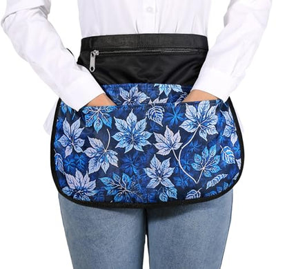 Waterproof Server Apron for Women with 5 Pockets,Quickly Put on and Take off Waitress Aprons,Work Apron for Bartender Barista - color: Blue Leaves