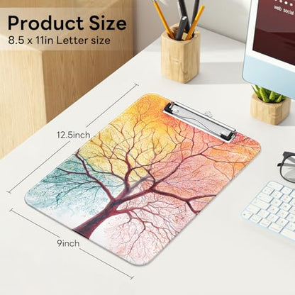 Plastic Cute Clipboard Low-Profile Metal Clip, A4 Letter Size 9 x 12.5 in, 8.5 x 11 Paper Clip Board for Teachers, Nurses, Classroom,Sunset Tree - color: Sunset Tree