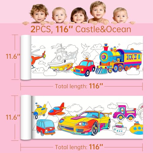 Vehicle Coloring Paper Roll for Kids, 2 Pack 116"x11.6" Giant Drawing Paper Roll with Cars Trucks Trains & Construction, Reusable Art Paper for Boys Ages 3-8, Birthday Gift & Party Tablecloth - color: C4
