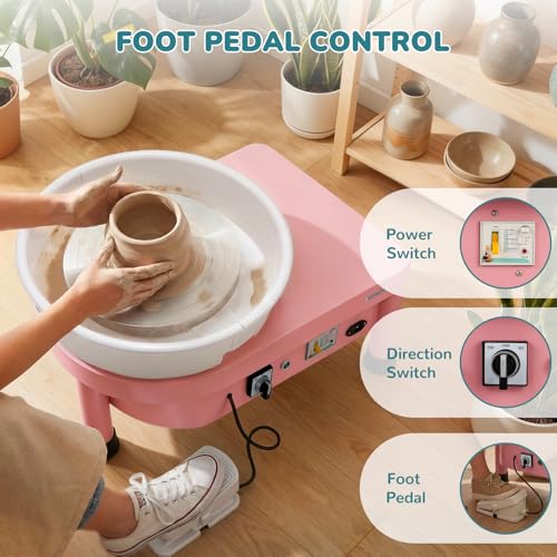 Bonoutil 10" Electric Pottery Wheel with Foot Pedal for Adults, Easy to Center Ceramic Forming Machine Max 20 lbs Capacity Clay Beginner's Art Sculpting Tools Kit for Home Use (Pink) - color: Pink