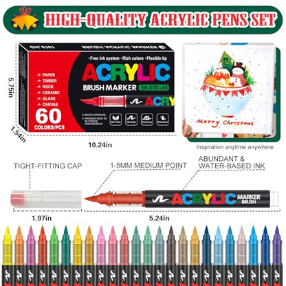 Amamao Acrylic Paint Markers, Soft Brush Tip Pens and Markers, Acrylic Paint Pens for Wood, Stone, Canvas, Glass, Fabric, Egg, Rock Painting and DIY Crafts Art Supplies (60) - style: 60 BOX