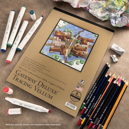 Bee Paper - 9"x 12" Gateway Deluxe Tracing Vellum Paper Pad, 25 Sheets - size: 9-inch x 12-inch, 25 Sheet Tape Bound Pad