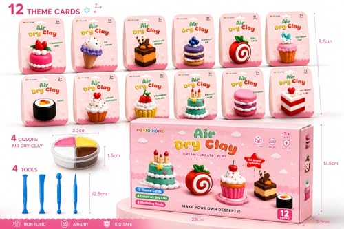 Air Dry Clay for Kids - 12 Dream Dessert Designs Modeling Clay Kit - Model Sculpting Set, Ultra Soft Safe & Non-Sticky | DIY Crafts, School Projects & Party Favors for Boys & Girls
