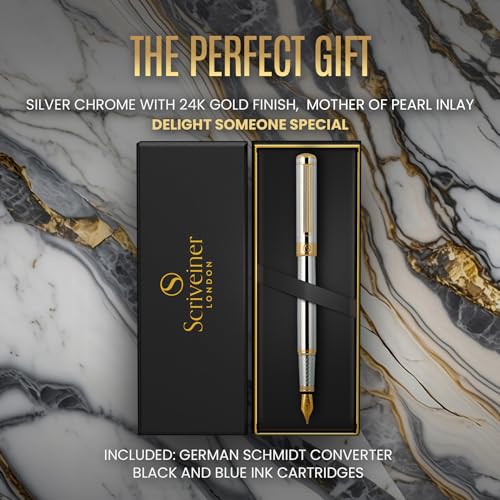 Scriveiner Silver Chrome Fountain Pen - Stunning Luxury Pen, Real Gold Finish, Schmidt Gilded Nib (Extra Fine), Best Gift Set for Men & Women Professional Executive Office Nice Designer Pen - color: 10. Silver Chrome with Gold, style: Extra Fine Nib