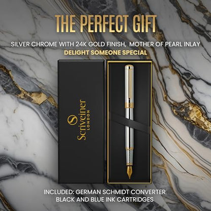 Scriveiner Silver Chrome Fountain Pen - Stunning Luxury Pen, Real Gold Finish, Schmidt Gilded Nib (Extra Fine), Best Gift Set for Men & Women Professional Executive Office Nice Designer Pen - color: 10. Silver Chrome with Gold, style: Extra Fine Nib