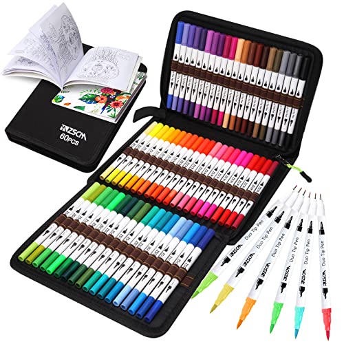 ZSCM Art Duo Tip Brush Markers Set, 60 Colors Fine Brush Tip Artist Drawing Pens Set with Coloring Book, for Adult Sketching Journal Planner Gifts - color: 60 Colors