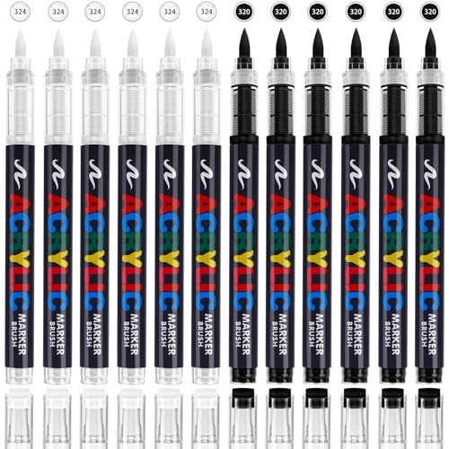 White & Black Acrylic Paint Pens Sets - 12 Pack Paint Pens Markers, Brush Tip & Direct Ink Flow Suitable for Stone,Paper,Wood,Glass,Fabric Paint,DIY Crafts (White&Black) - color: White&Black