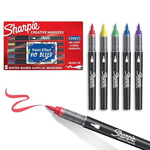 Sharpie Creative Markers, Water-Based Acrylic, Brush Tip, Assorted Colors, 5 Count – Arts & Crafts, Kids Activity, School Classroom; Works on Paper, Metal, Wood, Ceramic, Glass, Rock, Canvas - size: 5 Count, style: Brush Tip