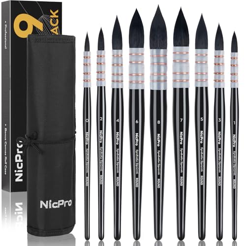Nicpro 9 PCS Watercolor Brushes, Professional Synthetic Squirrel Hair Water Color Paint Brush Set with Canvas Roll, Absorptive Mop Paintbrushes Artist Supplies for Watercolor, Gouache, Inks Painting