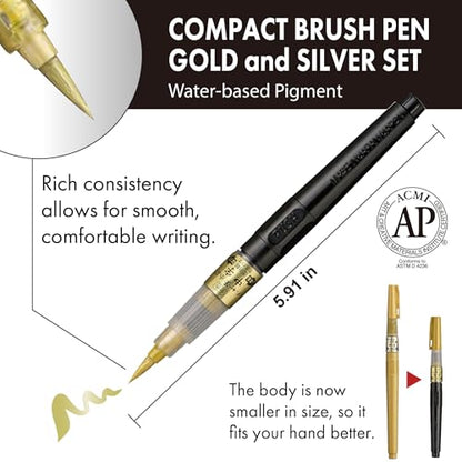 Kuretake Fude Brush Pen Compact CHUJI, Gold & Silver Ink, Medium tip marker, for Calligraphy, Manga, Drawing, Professional, Artist, Made in Japan - style: Medium(set)
