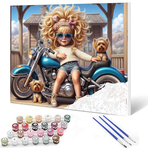 Tucocoo Fashion Girl Paint by Numbers Kits for Adults Girl and Yorkshire Terrier on Motorcycle Paint by Number Colorful DIY Acrylic Painting Canvas Art Set Home Decor Gift 16x20 Inch (Without Frame) - color: Artwork-21, size: 16''x20''(Without Frame)