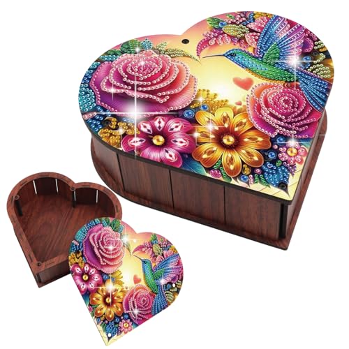 Diamond Art Jewelry Box Kits DIY Flower Pattern Heart-Shaped Diamond Painting Wooden Storage Box Large Capacity Organizer Case for Valentine's Day Desktop Decoration Storage Cubes Gift - color: Red flower