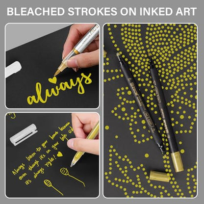 ZSCM 5 Pack Gold Acrylic Ink Pens for Drawing, Fine Point Gold Gel Pens, Brush Tip Markers，Dual-Tip Opaque Acrylic Markers for Black Paper Highlighting Drawing, Sketching, Illustration, Card Making