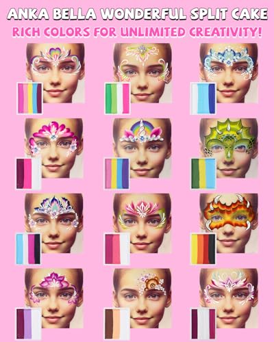 Anka Bella Professional Face Painting Kit for Kids,12X10gm Water Activated Rainbow Cake Face Paint with Stencil & Brushes,Hypoallergenic & Non-Toxic,Gift for Birthday Parties/Halloween/Carnival - color: Rainbow Valley set
