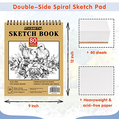 FIXSMITH 9"X12" Sketch Book | 80 Sheets (68 lb/100gsm) Sketchbook | Top Spiral Bound Artist Sketch Pad | Acid Free Drawing Pad | Ideal for Kids, Beginners, Artists & Painters | Bright White - color: Tan, size: 9"x12"-1 Pack