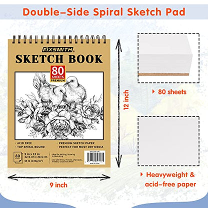 FIXSMITH 9"X12" Sketch Book | 80 Sheets (68 lb/100gsm) Sketchbook | Top Spiral Bound Artist Sketch Pad | Acid Free Drawing Pad | Ideal for Kids, Beginners, Artists & Painters | Bright White - color: Tan, size: 9"x12"-1 Pack
