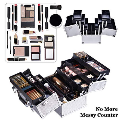 Joligrace Extra Large Makeup Train Case 6 Tray Make Up Artists Organizer Box Lockable Cosmetic Jewelry Toiletries Carrier Crafters Tool Cases with Adjustable Dividers & Shoulder Strap - Silver - color: Silvery White