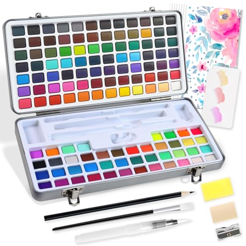 128 Colors Watercolor Paint Set, Including 84 Regular, 36 Metallic, and 8 Fluorescent Colors，Travel Watercolor Set with Brush and Drawing Pencil, Water Color Paint Sets for Adults Artists Beginners - color: 128 colors