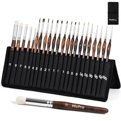 Nicpro 22 PCS Kolinsky Sable Miniature Paint Brushes Dry Brush, Professional Model Paint Brush Set with Cloth Roll, Fine Detail Artist Brush Set for Miniatures, Acrylic & Figures, Model, Watercolor - size: 22 PCS
