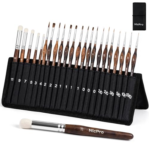 Nicpro 22 PCS Kolinsky Sable Miniature Paint Brushes Dry Brush, Professional Model Paint Brush Set with Cloth Roll, Fine Detail Artist Brush Set for Miniatures, Acrylic & Figures, Model, Watercolor - size: 22 PCS
