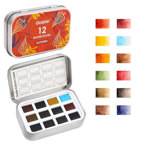 Grabie Pocket Watercolor Set of 12, Travel Watercolor Paint Set, Watercolor Paints, Art Supplies for Painting, Great Watercolor Set for Artists, Amateur Hobbyists and Painting (Autumn) - color: Autumn