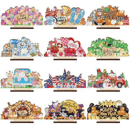 YooNotee 12 Sets Interchangeable Seasonal Diamond Art Tabletop Decorations Holiday Diamond Art Painting Kit with 12 Wood Base for 4th of July Summer Tiered Tray Decor Centerpiece (Classic Style) - style: Classic Style
