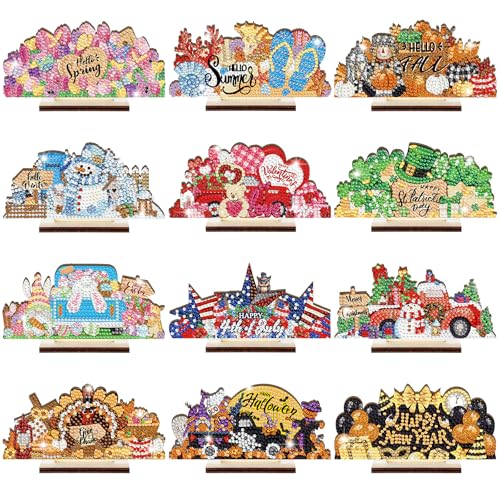 YooNotee 12 Sets Interchangeable Seasonal Diamond Art Tabletop Decorations Holiday Diamond Art Painting Kit with 12 Wood Base for 4th of July Summer Tiered Tray Decor Centerpiece (Classic Style) - style: Classic Style