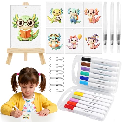 75 Pcs Magic Foam Texture Painting Kit, Cute 3D Axolotl Puffy Paint Art Craft Set with 24 Magic Foam Paper, 12 Color Pens, 3 Water Brushes, 20 Chains, Mini Easel, DIY Coloring Craft Activity Gift Set